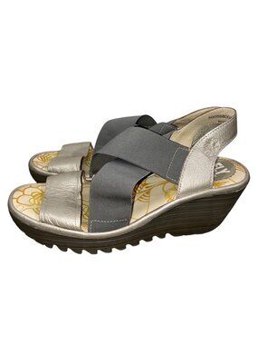 Fly London Yaji Platform Wedge Sandals Silver & Gray Size 39 Made In Portugal